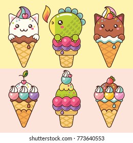 Lovely delicious ice cream with kittens and a small dragon.