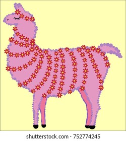 lovely Designer Lama, alpaca of pink color, with fur, flower garlands and with closed eyes
