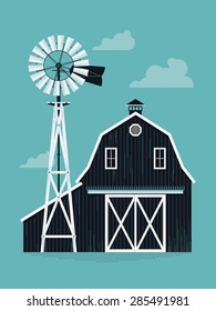 Lovely detailed creative agricultural background with old wooden farm barn and water pump windmill. Ideal for organic and craft farming and grocery promotion materials like posters and web banners