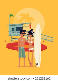 Lovely detailed vector modern flat character design on happy young couple of surfers standing full length on beach holding surfboards and smiling with lifeguard tower in background