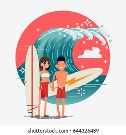 Lovely detailed vector modern flat character design on happy young couple of surfers standing full length on beach holding surfboards and smiling with decorative ocean wave on background