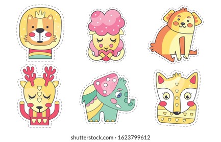 Lovely Different Animals Collection, Cute Colorful Cloth Patches, Embroidery or Applique for Kids Clothing Decoration Vector Illustration