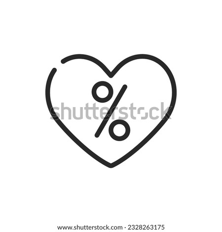 Lovely Discounts Heart Icon. Vector Linear Editable Sign of  a Heart with a Discount Symbol Signifying Customer Care, Sales and Discounts, Great Love Deals. and Holiday Happy Promotions.