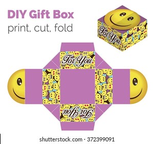 Lovely Do It Yourself DIY smiling expression gift box for sweets, candies, small presents. Printable color scheme. Print it on thick paper, cut out, fold according to the lines