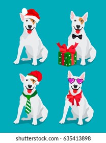 Lovely dog â??Bullterrier breed in a New Year hat. Vector illustration on a blue background. Friend of human. Symbol of the 2018.