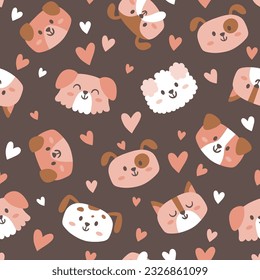 Lovely dog faces seamless pattern. Cartoon dogs and hearts on brown background. Nursery decoration. Square repeat pattern design. Vector illustration.