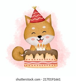 Lovely dog happy smile with cake on party birthday in watercolor painting for graphic design postcard, vector illustration