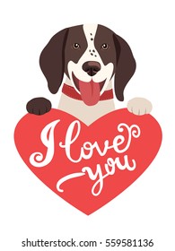 Lovely Dog With Heart And Text I Love You. Greeting Card With Cute Animals. Design Element Valentines Day. Love Concept Vector Image.