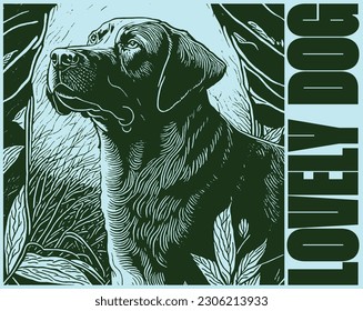 Lovely dog silkscreen vintage illustration, sticker, retro poster, isolated