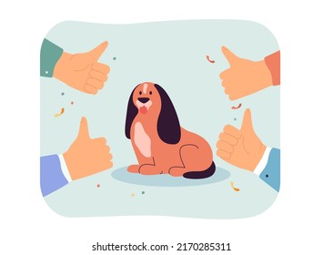 Lovely dog surrounded by thumbs up flat vector illustration. People demonstrating love for pets. Animal, friendship, care concept for banner, website design or landing web page