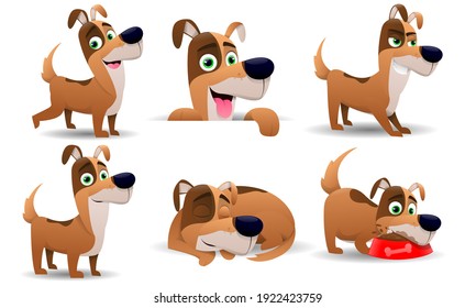 Lovely dogs with different personalities and postures. Puppy in cartoon style, isolated on white background. A cute pet pet in everyday routine. Vector illustration