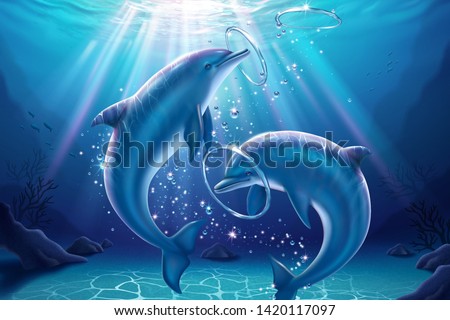 Lovely dolphin blowing bubble rings and playing together in 3d illustration