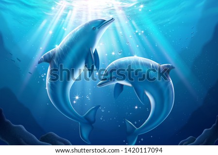 Lovely dolphin playing together in underwater marine world, 3d illustration