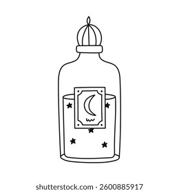 Lovely doodle bottle of magic potion with liquid, vintage lid and moon crescent on label. Hand drawn line magical or alchemy elixir in glass vial. Cute wizard and Halloween sign isolated on white
