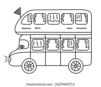 Lovely doodle classical London touristic double decker bus for sightseeing. Hand drawn tour bus with England flag, curtains on window. Public transport for trip by UK landmarks isolated on white.
