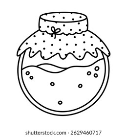 Lovely doodle closed glass jar full of honey with textile with polka dot pattern and string bow. Childish hand drawn glassware honey pot with bubbles isolated on background. Yummy organic sweets