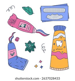 Lovely doodle in colors set of different toothpastes and teeth stripes for cleaning, whitening enamel. Hand drawn squeezing, rolled up, with closed cap tooth paste tubes isolated on white background.