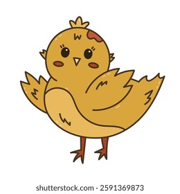 Lovely doodle Easter chick character waving hello with wings. Coloured hand drawn baby chicken as symbol of Easter, springtime, nature beginnings. Funny farm bird, poultry isolated on background.