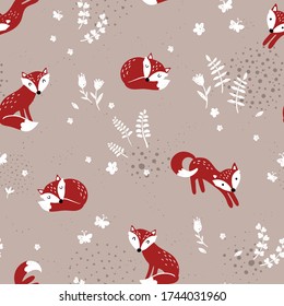 Lovely doodle fox seamless pattern, cute hand drawn background - great for Kids, on textiles, banners, wallpapers - vector design
