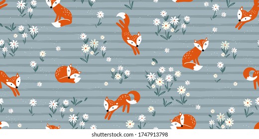 Lovely doodle fox seamless pattern, cute hand drawn background - great for Kids, on textiles, banners, wallpapers - vector design