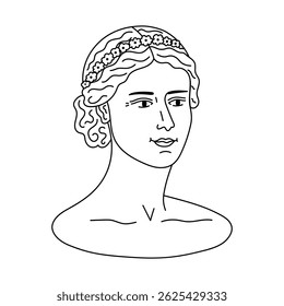 Lovely doodle Greek sculpture of goddess bust. Antique silhouette of young woman with hand drawn outline. Ancient classical head female statue from marble. Trendy sketch doodle of Roman heritage.