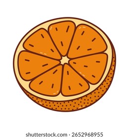 Adorável rabiscar metade de laranja com polpa madura e azeda. Fruta cítrica tropical suculenta colorida cortada cheia de vitamina C. Refrescante doodle tangerina isolado no fundo para cartaz, cardápio, embalagem.