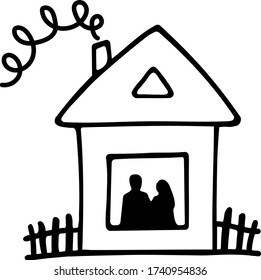 A Lovely Doodle Home With A Silhouette Of Couple In The Window. A Family House Icon. Sweet Home. Isolated On A White Background. Hand Drawn Vector Illustration For Card, Logo, Icon, Sticker, Design.