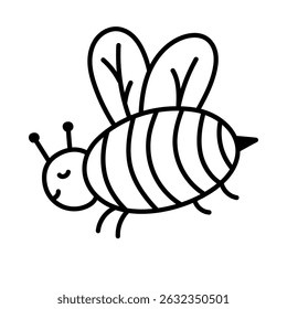 Lovely doodle honey bee in the flight with closed eyes. Adorable hand drawn bumblebee as symbol of springtime, honey, beekeeping. Childish flying honeybee insect character isolated on background
