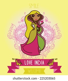 lovely doodle indian girl, banner for travel to india, vector illustration