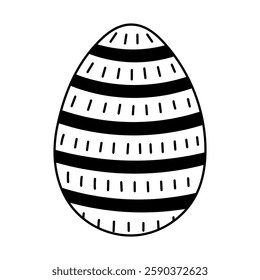 Lovely doodle painted egg with horizontal stripes and squiggle ornament for Easter egg hunt. Trendy hand drawn outline clipart for celebrating religious spring event isolated on white background.