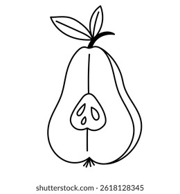 Lovely doodle pear cut in half with leaves and seeds. Childish outline vector of autumn juicy and ripe fruit for trendy poster, design, print. Healthy vegan product isolated on white background.