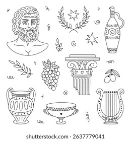 Lovely doodle set of cultural and mythological Greece symbols, god bust, broken pillar, ornate vase, musical harp, grape. Hand drawn outline antique Greek collection for design, sticker, print.