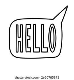 Lovely doodle speech bubble with hand drawn tall lettering Hello. Trendy bold typography in cloud talking bubble as sign of communication, greeting, learning English language isolated on background.