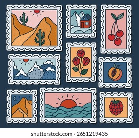 Lovely doodle adesivo conjunto com selo postal vibrante com cenário de viagem, rosas, pêssego para planejadores, scrapbook. Pronto para imprimir lista de mão desenhado carimbo postal viajando com deserto, nascer do sol, pico nevado.