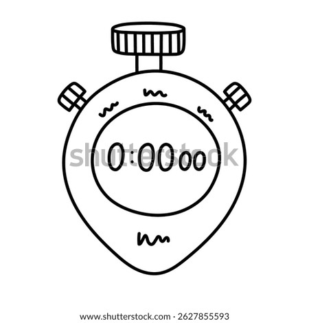Lovely doodle stopwatch timer with buttons and zero numbers at dial to start countdown at race, sport competition. Hand drawn watch showing minutes and seconds as sign of deadline, time management.
