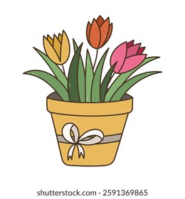 Lovely doodle tulips with green leaves in flower pot with ribbon bow on it. Multicolor hand drawn floral clipart as sign of gardening hobby, spring and summer time. Present for Easter, Valentine day.