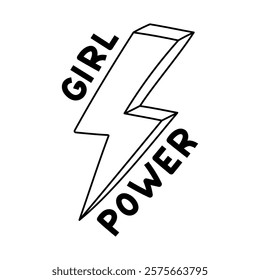 Lovely doodle volume lightning bolt with lettering Girl Power. Cute hand drawn thunderbolt as sign of International Women day, feminism movement, solidarity, equality isolated on white background