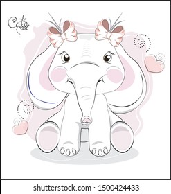 the lovely drawn baby elephant calf, with bow. Happy birthday card. The picture in hand drawing style, can be used for t-shirt print, wear fashion design, greeting card, baby shower invitation