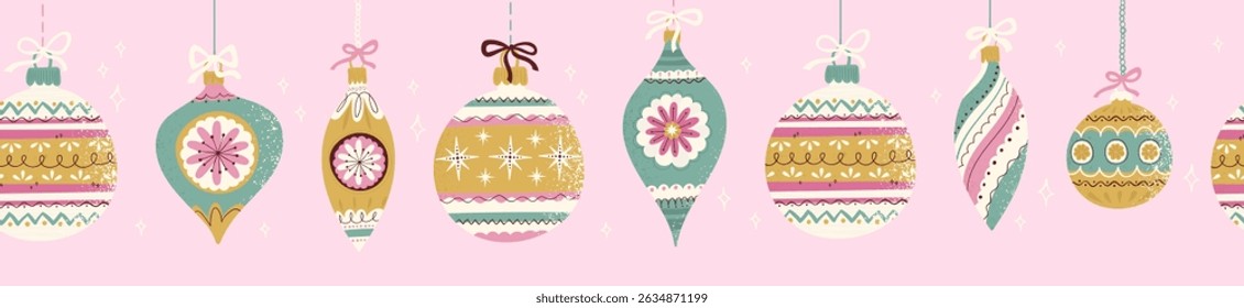 Lovely drawn Christmas ornaments seamless pattern, vintage baubles and cute decoration, great for wrapping, textiles, banners, wallpapers - vector design