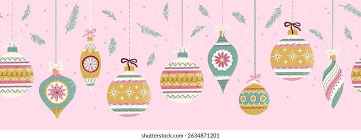 Lovely drawn Christmas ornaments seamless pattern, vintage baubles and cute decoration, great for wrapping, textiles, banners, wallpapers - vector design
