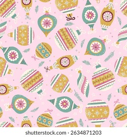 Lovely drawn Christmas ornaments seamless pattern, vintage baubles and cute decoration, great for wrapping, textiles, banners, wallpapers - vector design