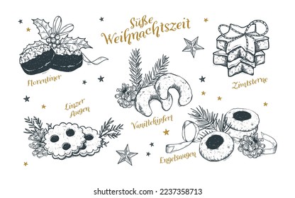 Lovely drawn Christmas Treats - Title in German "Sweet Christmas Time" Illustrations with christmas cookies, ingredients and various German Christmas Sayings - vector design