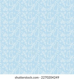 Lovely drawn Easter seamless pattern outlined on a blue background. Pattern with rabbits, eggs, butterflies and flowers. Cute doodle eggs, great for textiles, banners, wallpaper, wrapping . Vector des