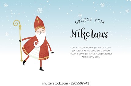 Lovely drawn Nikolaus character, , text in german saying "Greetings from Nikolaus" - great for invitations, banners, wallpapers, cards - vector design 