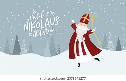 Lovely drawn Nikolaus character, , text in german saying "Soon it's Saint Nicholas Day!" - great for invitations, banners, wallpapers, cards - vector design 