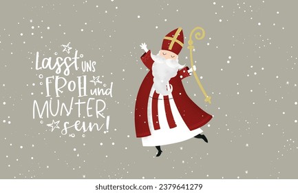 Lieblich gezeichneter Nikolaus-Charakter, deutscher Text mit dem Titel "Lasst uns glücklich und fröhlich sein" - ideal für Einladungen, Banner, Wallpaper, Karten - Vektordesign 