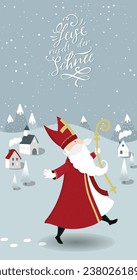 Lovely drawn Nikolaus character, text form german christmas song "The snow falls silently" - great for invitations, banners, wallpapers, cards - vector design 