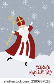 Lovely drawn Nikolaus character, , text in german saying "Happy St. Nicholas Day!" - great for invitations, banners, wallpapers, cards - vector design 