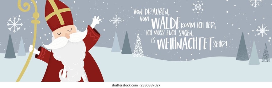 Lovely drawn Nikolaus character, , text in german saying "I came here from the forest, I tell you, it is a very holy night!" - great for invitations, banners, wallpapers, cards - vector design 