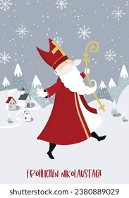 Lovely drawn Nikolaus character, , text in german saying "Happy St. Nicholas Day!" - great for invitations, banners, wallpapers, cards - vector design 